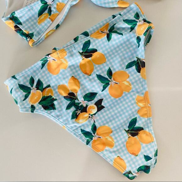 NEW NASTY GAL Blue White Gingham Lemon Plaid High Rise Vintage Cut Swim Bikini 0 - Picture 7 of 10